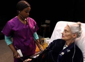 Quincy Tyler Bernstine as Nurse Tina and Danielle Skraastad as Maxine in Lucas Hnath's "Death Tax" at 2012 Human Festival of New American Plays