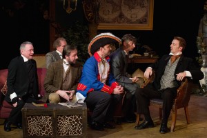 (L to R) Glenn J. Gover, Dennis Enos, Kevin Zepf, Simon Needham, Eric G. Pinder and David Almeida in Mad Cow Theatre's 'The Explorers Club.' Photo by Tom Hurst.