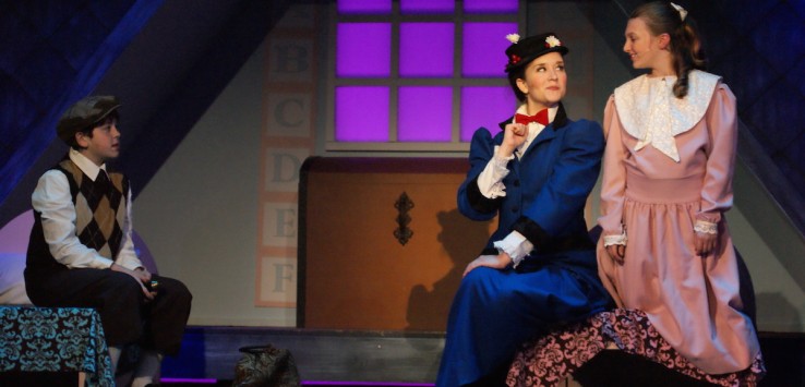 Jeffrey Gauvin, Melissa Whitworth and Emma Budsberg in Titusville Playhouse's 'Mary Poppins: The Musical.' Photo by Doug Lebo.