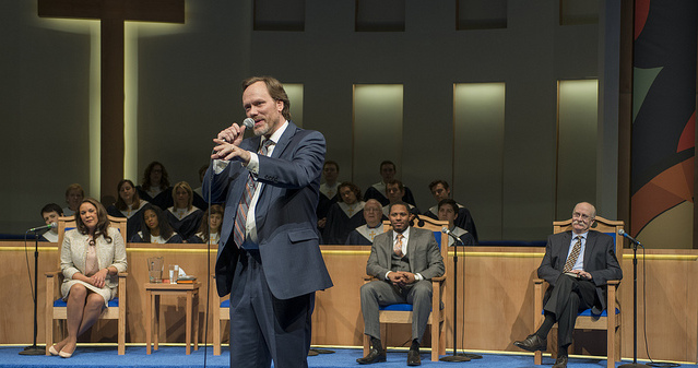 Andrew Garman stars as the preacher in Lucas Hnath's "The Christians" as produced at the Humana Fest in 2014. This is a detail of a photo by Michael Brosilow.