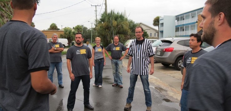 Pre-show warm up Not Quite Right Comedy Improv Troupe. Photo by Pam Harbaugh