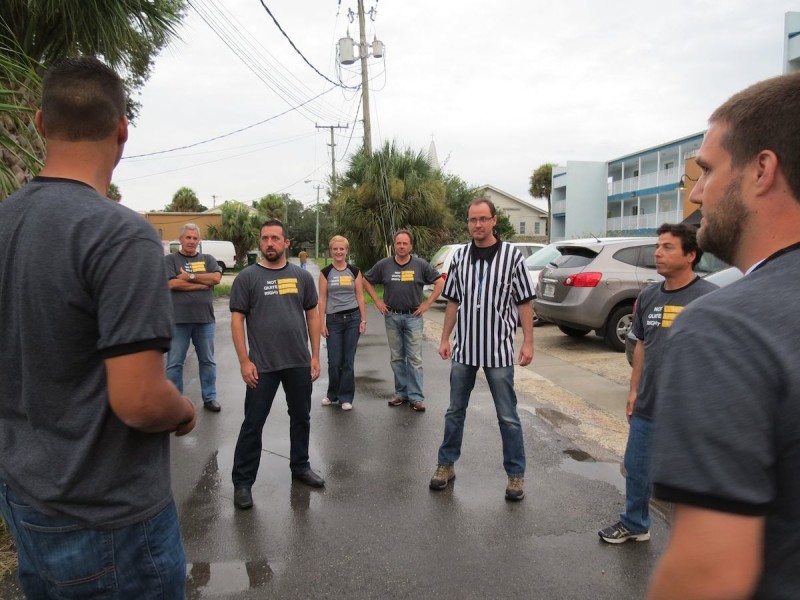 Pre-show warm up Not Quite Right Comedy Improv Troupe. Photo by Pam Harbaugh