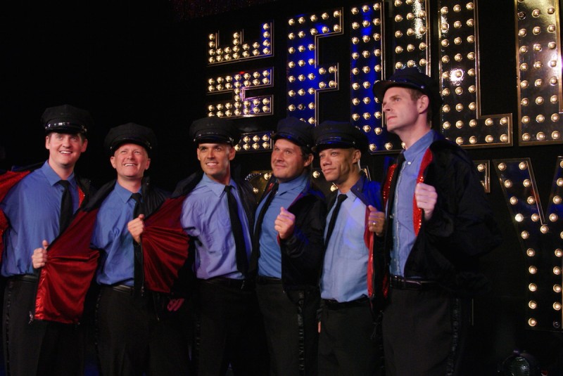 From left Kyle McDonald, Courtney Charvet, Shea Rafferty, Joe Tokarz, James Berkley and AJ Makielski in 'The Full Monty' at Titusville Playhouse