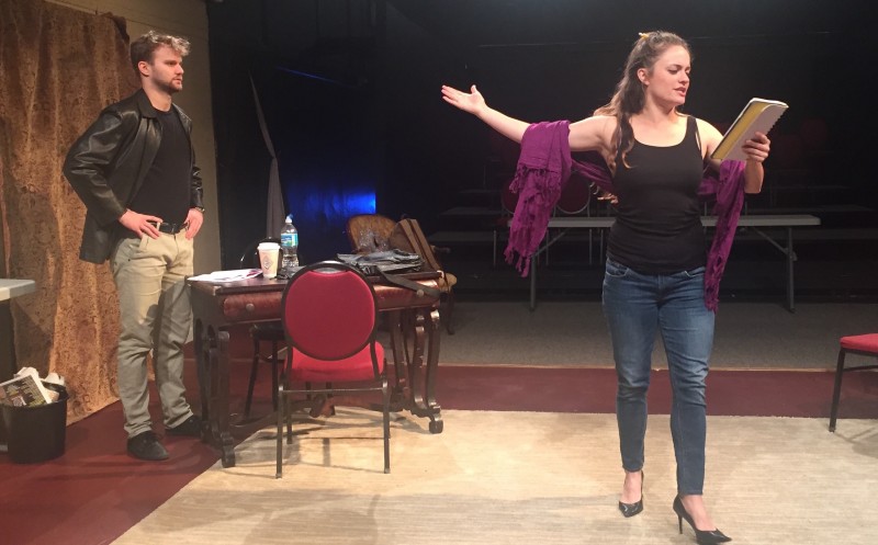 Zack Roundy and Shanise Jordan rehearse "Venus in Fur" in the Henegar Center's Upstairs Studio Theater. Photo by Pam Harbaugh.