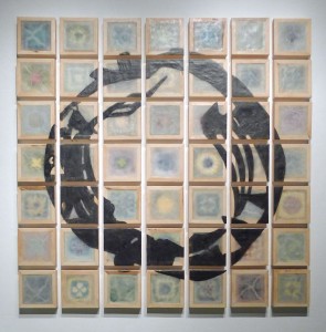 Carrie Sieh, A New Order of Invalids, 2014. 72" x 72". Encaustic, polymer medium, crocheted cotton, plexiglas, and wood. Image courtesy of artist.