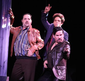 From left: Fran Prisco, Justin Keyes (behind), and Tony Castellanos in "Sister Act" at Riverside Theatre.