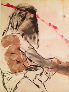This painting by Peter Crumpacker is in the "Monotypes in Red" exhibit at Fifth Avenue Art Gallery.