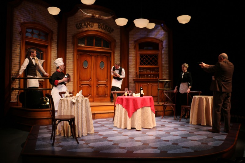 From left: Daniel Burns, Andrew Sellon, Brian Myers Cooper, Maria Couch and Jim VanValen in Riverside Theatre's production of 'An Empty Plate in the Cafe du Grand Boeuf.'