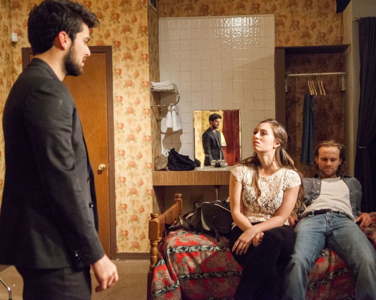 Joey Ginel, Megan Raitano and Zack Roundy in TAPE at Theater on the Edge. Photo by Monica Mulder Photography.