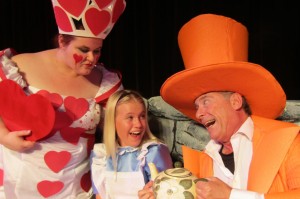 Alice in Wonderland at Surfside Playhouse features Dorothy Wright as Queen of Hearts, Sage Parrish as Alice and Gordon Ringer as Mad Hatter.