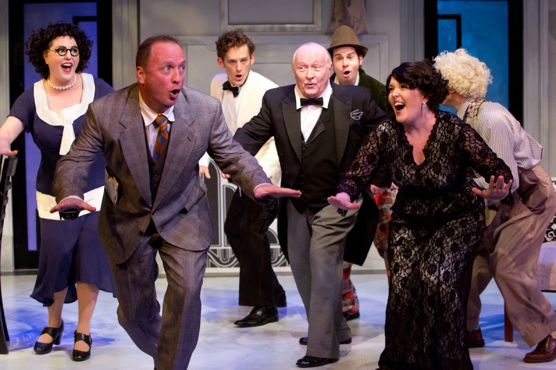 L-R) Margaret Cross, Matthew Horohoe*, Adam Reilly, Brian Chambers,  Chris Metz*, Heather Kopp*, and Adam Scharf in ANIMAL CRACKERS at Mad Cow Theater. Photo by Tom Hurst