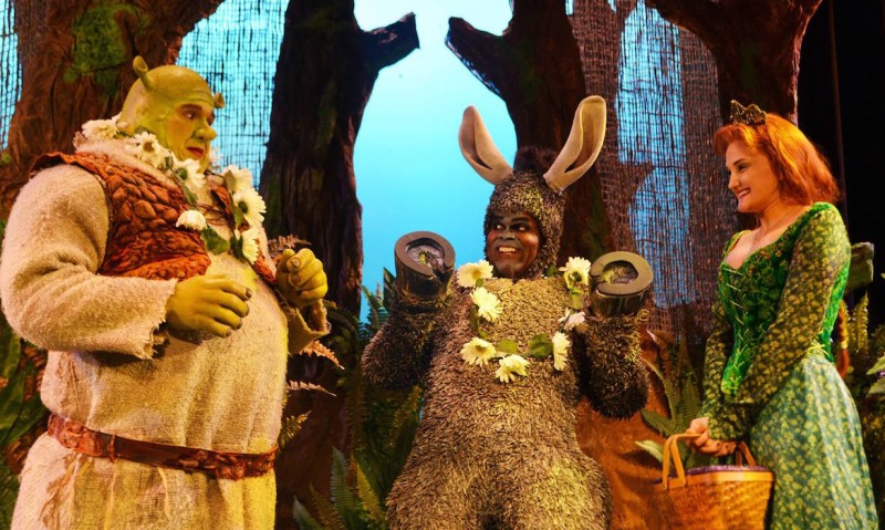 From left: Joe Tokarz, Sterling Lovett and Sarah Biggs in SHREK THE MUSICAL at Titusville Playhouse