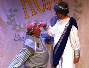 Rob Dickman (Pseudolus) and Steven Wolf (Senex) in Melbourne Civic Theatre's A FUNNY THING HAPPENED ON THE WAY TO THE FORUM. Photo by Max Thornton