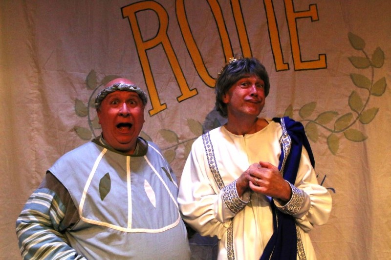 Rob Dickman (Pseudolus) and Steven Wolf (Senex) in Melbourne Civic Theatre's A FUNNY THING HAPPENED ON THE WAY TO THE FORUM. Photo by Max Thornton