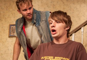 From left, Zack Roundy and Adam Minossora in ORPHANS at Theater on the Edge. Photo by Monica Mulder Photographer.