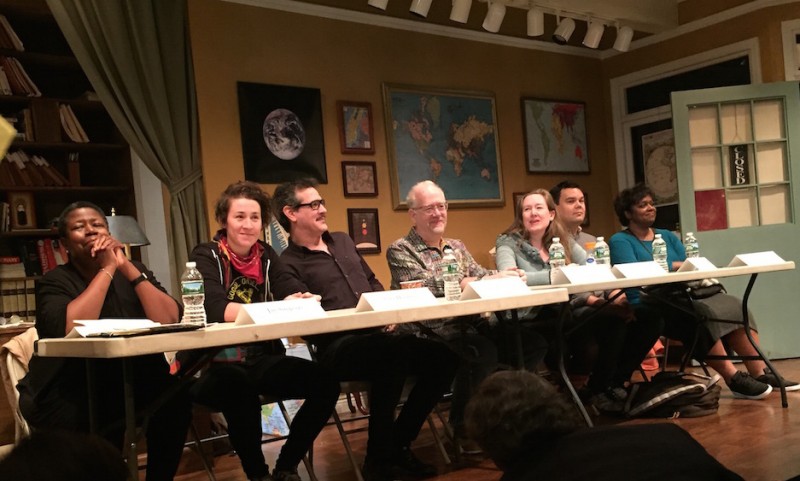 Wm. F. Hirschman (not pictured) moderated panel of critics and dramatists . From left: critics Janice C. Simpson, Sara Holdren, Adam Feldman; dramatists Doug Wright, Sarah Ruhl, Robert Lopez and Kirsten Childs. Photo by Pam Harbaugh.