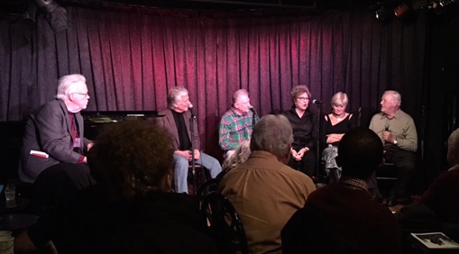 Panel of originators of roles in Stephen Sondheim musicals: From left: Rick Pender (moderator), Kurt Peterson, Harvey Evans, Pamela Myers, Teri Ralston and Len Cariou. Photo by Teddie Hathaway.